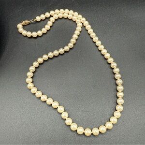 1930s Cream Glass Pearl Hand Knotted Bracelet with Fish Hook Clasp 24in
